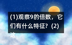 (1)觀察9的倍數(shù)，它們有什么特征?  (2)這些數(shù)的排列有什么特征?與同伴說(shuō)說(shuō)你的想法。  (3)如果左表擴(kuò)“充到200，并找出99后面是9的倍數(shù)的數(shù)，它們將在表中的什么位置?做一做，檢驗(yàn)?zāi)愕拇鸢浮?></p>										
													<h3>1、(1)觀察9的倍數(shù)，它們有什么特征?  (2)這些數(shù)的排列有什么特征?與同伴說(shuō)說(shuō)你的想法。  (3)如果左表擴(kuò)“充到200，并找出99后面是9的倍數(shù)的數(shù)，它們將在表中的什么位置?做一做，檢驗(yàn)?zāi)愕拇鸢浮?/h3>	 <p>北師大版五年級(jí)上冊(cè)數(shù)學(xué)《3的倍數(shù)的特征》</p><p>(1)觀察9的倍數(shù)，它們有什么特征?</p><p>一個(gè)數(shù)各個(gè)數(shù)位上的數(shù)字的和是9的倍數(shù)，這個(gè)數(shù)就是9的倍數(shù)。</p><p>(2)這些數(shù)的排列有什么特征?與同伴說(shuō)說(shuō)你的想法。</p><p>斜對(duì)角</p><p>(3)如果左表擴(kuò)充到200，并找出99后面是9的倍數(shù)的數(shù)，它們將在表中的什么位置?做一做，檢驗(yàn)?zāi)愕拇鸢浮?/p><p>108、117、126 135、144、153、162、171、180、189、198</p>	  <h3>2、北師大一年級(jí)數(shù)學(xué)上冊(cè)《鞏固應(yīng)用》 10.(1)說(shuō)一說(shuō)，你發(fā)現(xiàn)了哪些數(shù)學(xué)信息?(2)提出兩個(gè)數(shù)學(xué)問(wèn)題，并列式解答。</h3>	 <p>北師大一年級(jí)數(shù)學(xué)上冊(cè)《鞏固應(yīng)用》 10.</p><p>(1)說(shuō)一說(shuō)，你發(fā)現(xiàn)了哪些數(shù)學(xué)信息?</p><p>有3個(gè)小朋友在蕩秋千，4個(gè)小朋友在玩滑梯，2個(gè)小朋友在玩蹺蹺板。</p><p>(2)提出兩個(gè)數(shù)學(xué)問(wèn)題，并列式解答。</p><p>①一共有多少個(gè)朋友？</p><p>②一共有9個(gè)小朋友，有5個(gè)男生，女生有多少人？</p>	  <h3>3、（1）和同伴說(shuō)一說(shuō)，現(xiàn)在車上的人數(shù)多了還是少了？</h3>	 <p><p>北師大二年級(jí)數(shù)學(xué)上冊(cè)第一單元星星合唱隊(duì)練習(xí)題練一練及答案</p><p>車上原有56人。下來(lái)27人。上了19人。</p><p>（1）和同伴說(shuō)一說(shuō)，現(xiàn)在車上的人數(shù)多了還是少了？</p><p>答：下來(lái)的人比上去的多，所以車上的人數(shù)少了。</p></p>	  <h3>4、（1）一共有多少個(gè)杯子？（2）用了多少個(gè)扣子？</h3>	 <p>北師大二年級(jí)數(shù)學(xué)上冊(cè)第5單元《2-5的乘法口訣》數(shù)松果練一練答案</p><p>1.（1）一共有多少個(gè)杯子？</p><p>3x5=15（個(gè)）</p><p>（2）用了多少個(gè)扣子？</p><p>4x5=20（個(gè)）</p>	  <h3>5、（1）估一估，紅繩的長(zhǎng)度是黃繩的多少倍？與同伴交流你的方法。</h3>	 <p>北師大二年級(jí)數(shù)學(xué)上冊(cè)《花園》練一練習(xí)題及答案</p><p>（1）估一估，紅繩的長(zhǎng)度是黃繩的多少倍？與同伴交流你的方法。</p><p>答：紅繩是黃繩的5倍。</p><p>（2）分別量出紅繩和黃繩的長(zhǎng)度，算一算，自己的估計(jì)準(zhǔn)確嗎？</p>	  <h3>6、2.(1)9個(gè)皮球多少元? (2)9個(gè)網(wǎng)球多少元?</h3>	 <p>北師大二年級(jí)數(shù)學(xué)上冊(cè)《買(mǎi)球》練一練習(xí)題及答案</p><p>2.(1)9個(gè)皮球多少元?</p><p>98=72</p><p>答：9個(gè)皮球72元。</p><p>(2)9個(gè)網(wǎng)球多少元?</p><p>99=81</p><p>答：9個(gè)網(wǎng)球81元。</p><p>(3)30元買(mǎi)4個(gè)網(wǎng)球，夠嗎?</p><p>94=36</p><p>答：夠了</p><p>(4)請(qǐng)你再提出一個(gè)數(shù)學(xué)問(wèn)題，并嘗試解答。</p>	  <h3>7、4.小兔安家。（1）有4間房子，平均每間住幾只小兔？</h3>	 <p>    <tbody>        <tr>            <td width=