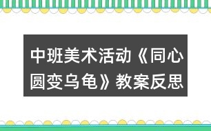 中班美術(shù)活動《同心圓變?yōu)觚敗方贪阜此?></p>
<h3>1、中班美術(shù)活動《同心圓變?yōu)觚敗方贪阜此?/h3><p> 活動目標:</p><p> 1、能根據(jù)畫面內(nèi)容進行大膽地猜測和想象畫面中的內(nèi)容。</p><p> 2、認識并會繪畫同心圓,會用簡單的線條將同心圓變成完整的烏龜游戲圖。</p><p> 3、在創(chuàng)作中體驗到繪畫的樂趣,喜歡畫畫。</p><p> 4、培養(yǎng)幼兒動手操作的能力,并能根據(jù)所觀察到得現(xiàn)象大膽地在同伴之間交流。</p><p> 5、激發(fā)幼兒感受不同的藝術(shù)美,體驗作畫的樂趣。</p><p> 活動重、難點:</p><p> 活動重點:認識并會繪畫同心圓,會用簡單的線條將同心圓變成完整的烏龜游戲圖。</p><p> 活動難點:能根據(jù)畫面內(nèi)容進行大膽地猜測和想象畫面中的內(nèi)容。</p><p> 活動準備:</p><p> 白紙、水彩筆若干,PPT《同心圓變?yōu)觚敗?/p><p> 活動過程:</p><p> 一、導(dǎo)入</p><p> 師:有一滴小雨滴要來和我們做游戲,小雨滴掉到水里面會有什么聲音?(滴答)小雨滴要來咯,我們來看看小雨滴是怎么樣的。</p><p> ——此環(huán)節(jié)以小雨滴引發(fā)幼兒興趣進入活動主題。</p><p> 二、觀看認識同心圓,并大膽表現(xiàn)猜測</p><p> 1、認識同心圓</p><p> 師:看一看小雨滴是什么形狀的呢?(圓形)又來了一個小雨滴(滴答),看看兩滴小雨滴分別在什么位置?(一個小雨滴在里面,一個大一點的小雨滴在外面,外面的大雨滴圍著里面的小雨滴)</p><p> 師:滴答,又來了一個雨滴,這次看看有幾個雨滴了,(三個)嗯,小中大三個雨滴,你中有我,我中有你,他們好像在做什么?(在跳圓圈舞)</p><p> 師:哎!小朋友,老師要告訴你們,三個小雨滴,一個小,一個中,一個大,像這樣,小圓在大圓里面,大圓抱著小圓,它們圍著一個中點在跳圓圈舞,我們叫它同心圓。叫什么?(同心圓)</p><p> 師:小雨滴繼續(xù)下著,滴答、滴答、滴答...(點擊課件)</p><p> 師:哇!小雨滴落在池塘里玩的好開心呀,接下來的小雨滴你們猜會落在哪里呢?(指出畫面的空白處)為什么?</p><p> 師:滴答、滴答、滴答小雨滴又落下來掉在池塘里,老師這邊的池塘里有好多小雨滴在游泳,嗯!天空中還有好多個小雨滴,它們想到你們的池塘里去游游,我們小朋友來試一試,讓小雨滴到你們的池塘里去游戲好嗎?</p><p> 師:好!現(xiàn)在老師就請我們小朋友去用勾線筆在你的畫紙上畫出一個個小、中、大的雨滴,你可以在你的畫紙上畫出有高有低、有大有小的同心圓。</p><p> 2、幼兒學畫同心圓,提醒畫面布局。</p><p> 請幼兒在自己的畫紙上畫出同心圓,提醒幼兒同心圓在跳舞,有高有低,有大有小。</p><p> 3.幼兒盡情想象,同心圓像什么</p><p> 師:哇!那么多的小雨滴到水里快樂的游泳,想想看這一個個的同心圓像什么?(太陽、甜圈面包、棒棒糖、小烏龜)</p><p> 師:剛剛有小朋友說同心圓很像小烏龜,老師這有小烏龜呢,我們請小烏龜出來給我們看看到底像不像。</p><p> (此環(huán)節(jié)以小雨滴的外形引出認識同心圓并嘗試合理布局繪畫同心圓,同時引發(fā)幼兒根據(jù)同心圓的外形進行想象。)</p><p> 三、引出烏龜,引導(dǎo)觀察烏龜?shù)膭討B(tài)變化</p><p> 師:你們覺得同心圓像小烏龜?shù)哪膫€部位?</p><p> 師:小烏龜?shù)纳砩线€有什么?它的頭會怎么樣?四條腿分別長在哪里?(用手指去觸碰下小烏龜,發(fā)現(xiàn)烏龜?shù)膭討B(tài))小尾巴又長在什么地方?</p><p> 師結(jié):烏龜有一個堅硬的烏龜殼,在它身體的一頭有一個會伸縮的小腦袋,身體的另一頭有一個小小的尾巴,身體兩邊有會收縮的四條腿,烏龜是一種爬行動物,烏龜它喜歡在池塘里、大河里或是草地上各種地方生活。</p><p> (此環(huán)節(jié)以實物小烏龜進行觀察它的動態(tài)變化,為下一環(huán)節(jié)創(chuàng)作做好鋪墊。)</p><p> 四、自由創(chuàng)作——有趣的烏龜</p><p> 1.幼兒創(chuàng)作,在自己的同心圓上表現(xiàn)烏龜。</p><p> 師:如果讓你的同心圓來變?yōu)觚敚阆胱円恢皇裁礃拥臑觚?你想帶它們到哪里玩呢?</p><p> 師:好!接下來就請小朋友用同心圓來變你喜歡的烏龜吧。</p><p> 2.教師指導(dǎo),注意引導(dǎo)幼兒表現(xiàn)烏龜?shù)母鞣N動態(tài)。</p><p> 教師提醒幼兒添畫細節(jié)和背景,也可在幼兒作品上適當添畫場景,讓畫面更豐富。</p><p> (此環(huán)節(jié)鼓勵幼兒能用各種點、線條形狀來表現(xiàn)感受過的小烏龜?shù)闹饕卣?,并根?jù)自己的想象有創(chuàng)造性地表現(xiàn)簡單的情節(jié)。)</p><p> 五、帶烏龜去旅行</p><p> 師:今天你們畫的烏龜真有趣,等會請小朋友幫它們穿上五彩繽紛的衣服,打扮得漂漂亮亮的,到更有趣的地方去玩,好嗎?</p><p> (此環(huán)節(jié)在相互介紹中發(fā)現(xiàn)同伴的有趣之處,并感受作品中動物形象的造型美。教師展示課件內(nèi)容,激發(fā)幼兒想象力,創(chuàng)作力。)</p><p> 活動反思:</p><p> 整個活動,這個課件顯得尤為重要,它不但解決了幼兒的布局問題,還拉近了幼兒與烏龜?shù)木嚯x,幼兒在繪畫過程中能考慮烏龜?shù)母惺?,達到了一定的效果。</p><h3>2、中班美術(shù)教案《圓形變變變》含反思</h3><p><strong>活動目標:</strong></p><p> 1、喜歡參與美術(shù)活動,體驗活動帶來的樂趣。</p><p> 2、指導(dǎo)幼兒在圓形的基礎(chǔ)上添畫各種物體,使幼兒在添畫過程中知道圓能變成各種有趣的東西。</p><p> 3、能大膽地創(chuàng)作和表現(xiàn),發(fā)展幼兒的想象力和創(chuàng)造力。</p><p> 4、感受色彩對比。</p><p> 5、培養(yǎng)幼兒良好的作畫習慣。</p><p><strong>教學重點、難點:</strong></p><p> 1、喜歡參與美術(shù)活動,體驗活動帶來的樂趣。</p><p> 2、指導(dǎo)幼兒在圓形的基礎(chǔ)上添畫各種物體,使幼兒在添畫過程中知道圓能變成各種有趣的東西。</p><p> 3、能大膽地創(chuàng)作和表現(xiàn),發(fā)展幼兒的想象力和創(chuàng)造力。</p><p><strong>活動準備:</strong></p><p> 1、各種顏色、各種大小的圓。</p><p> 2、由圓變成的物體示范畫。</p><p> 3、彩色筆若干、白紙若干</p><p><strong>活動過程:</strong></p><p> 1、教師扮演魔術(shù)師導(dǎo)入活動,引發(fā)興趣。</p><p> 教師:“小朋友,今天我們班里來了一位小魔術(shù)師,他特別喜歡圓的東西,請小魔術(shù)師來說說他喜歡什么圓圓的東西?(我喜歡玩圓圓的皮球,愛照圓圓的鏡子,愛吃圓圓的餅干,還會變圓的魔術(shù)!)</p><p> 教師:小魔術(shù)師請問什么是變圓的魔術(shù)呀?你能變給小朋友看嗎?</p><p> 2、小魔術(shù)師表演變圓魔術(shù)</p><p> 教師:小朋友你們知道,紅色的蘋果是怎樣變的呀?(在紅色圓上畫上綠色的葉子就變成蘋果了)你們會變嗎?你們會變什么呢?怎么變呢?你們真聰明一下子就學會變圓魔術(shù)了。</p><p> 教師:小魔術(shù)師你還會變什么?小魔術(shù)師:我還會變兩個圓,三個圓,四個圓,許多圓呢。</p><p> 小魔術(shù)師表演(把兩個圓變成了小雞,三個圓變成了小花,四個圓變成了蝴蝶。)小朋友,你能把兩個圓,三個圓,四個圓,許多的圓變成什么呢?請幼兒自由討論,告訴身邊的好朋友。</p><p> 3、幼兒操作,教師巡回指導(dǎo)</p><p> (1)交代任務(wù):我們今天也來學小魔術(shù)師變圓的魔術(shù)。老師出示為幼兒準備的材料(老師為小朋友準備了各種顏色,各種大小的圓。請小朋友先想好你想用幾個圓變成什么東西,然后找到你所需要的圓,撕去圓后面的雙面膠的外面一層,粘在紙上,再把它添畫好。我們小朋友把圓變好了,可以互相參觀,告訴小朋友,你把幾個圓變成什么東西了。現(xiàn)在請小朋友去找一個好朋友一起去變圓。</p><p> (2)教師巡回指導(dǎo):</p><p> 要求幼兒把廢紙仍在籮筐里。變出和別人不一樣的東西來。幫助能力差的幼兒,鼓勵他大膽變圓。</p><p> 4、展示作品,相互欣賞,交流。</p><p> 通過舉辦“圓形魔術(shù)變變變展覽”,展示全班幼兒作品,相互欣賞、分享交流</p><p><strong>教學反思:</strong></p><p> 本次活動在導(dǎo)入環(huán)節(jié)中,我扮演魔術(shù)師,以圓形變變變的魔術(shù)向幼兒展示范畫,激發(fā)幼兒活動的興趣,豐富幼兒的感知經(jīng)驗。在幼兒自由討論想象這一環(huán)節(jié),我讓幼兒先觀察魔術(shù)師是怎樣用一個圓形變出蘋果,用兩個圓形變出小雞。再請幼兒自由討論:如果你是魔術(shù)師,你要用一個圓形、兩個圓形、三個圓形、四個圓形、許多圓形變出什么呢?給幼兒一個發(fā)揮想象的空間,讓他們能夠無所顧忌地將自己的想法說出來。同時,學習用語言表達圓形的各種有趣的變化。在幼兒拼貼圖形并添畫這一環(huán)節(jié),要求幼兒先想好要用幾個圓形變出什么有趣的圖形,并粘貼好,再鼓勵幼兒對自己畫面上的圓形進行相似聯(lián)想后添畫。在這一環(huán)節(jié)中,我充分調(diào)動幼兒的積極性,激發(fā)幼兒的想象,鼓勵幼兒與從不同的想象,拼出與別人不一樣的作品。幼兒在沒有任何束縛和限制下,自由創(chuàng)作,我巡回指導(dǎo),對一些能力弱、不夠大膽的幼兒以積極鼓勵,對個別不會的幼兒做詳細地講解,對一些領(lǐng)悟能力強、創(chuàng)作好的幼兒及時予以表揚、引導(dǎo)。這一環(huán)節(jié)是本次活動的難點環(huán)節(jié),主要通過幼兒的實際操作,教師及時、個別的指導(dǎo)突破難點。最后就是結(jié)束環(huán)節(jié)。本環(huán)節(jié)主要通過舉行“圓形魔術(shù)變變變展覽”,張貼全班幼兒作品,通過自由的幼兒與幼兒、幼兒與教師間的討論,讓幼兒大膽地用語言將自己的作品內(nèi)容表達出來,同時還能說說自己最喜歡哪一幅作品,為什么喜歡它。在本環(huán)節(jié)中,我肯定了每個幼兒作品,讓幼兒獲得成功后的愉悅體驗。鼓勵每一位幼兒積極地、主動地、大膽地用語言將自己的作品表達出來。從而達到藝術(shù)活動的最高目標,表現(xiàn)自己的情感和體驗,分享他們</p><h3>3、中班美術(shù)活動教案《窗花》含反思</h3><p><strong>活動目標:</strong></p><p> 1、樂意參與到剪紙活動當中,體驗剪窗花帶來的樂趣。</p><p> 2、培養(yǎng)幼兒的欣賞能力。</p><p> 3、能呈現(xiàn)自己的作品,并能欣賞別人的作品。</p><p><strong>活動過程:</strong></p><p> 1、談話導(dǎo)入:</p><p> 師:小朋友,喜慶的日子很熱鬧,人們會在玻璃上貼好多漂亮的貼畫。你們想不想看一看?</p><p> 幼:想。</p><p> 師:好!看-----</p><p> 2、出示各種剪紙作品,請幼兒欣賞。</p><p> 師:“小朋友看到了什么?</p><p> 幼:小兔子、老虎、花、剪紙……師:嗯,對!這就是剪紙,它是我們中國特有的民間藝術(shù)。那你們看,簡直和其他的紙有什么不同之處?</p><p> 幼:有洞、兩朵花一樣、好多小兔子一樣……師作</p><p> 總結(jié):“洞”是鏤空,對稱,四方連續(xù)……等方法。</p><p> 3、以四瓣花剪紙作品,引起幼兒興趣。</p><p> 師指著四瓣花說:哎,孩子們看這張剪紙是什么?</p><p> 幼:花朵師:對,這是四瓣花,那你們想不想學一學這朵花是怎樣剪出來的?</p><p> 幼:想:我們想一想,剪紙需要用什么材料呢?</p><p> 幼:剪刀、彩紙、蠟光紙</p><p> 4、探索、嘗試剪紙的方法。</p><p> 師:很好,下面我們來學一下如何剪,教師示范兩種基本的剪紙方法:</p><p> (1)將長方形紙對邊折四折,用鉛筆畫出簡單的圖形,再剪出來。</p><p> (2)將正方形紙對角折兩折,用鉛筆畫出簡單的圖形,再剪出來。</p><p> 觀看剪紙作品,引導(dǎo)幼兒發(fā)現(xiàn)對稱關(guān)系,學習辨認對稱圖形,了解對稱的美。</p><p> 5、幼兒進行剪紙活動,教師鼓勵幼兒大膽進行自由創(chuàng)作,指導(dǎo)幼兒完成作品。提醒幼兒:注意安全使用剪刀;剪窗花時要仔細、有耐心;剪掉的紙要放在指定位置,不亂扔紙屑。</p><p> 5、展示欣賞幼兒作品,鼓勵幼兒繼續(xù)創(chuàng)作剪出更多的作品。</p><p><strong>教學反思:</strong></p><p> 剪紙窗花,是我們中國傳統(tǒng)的民間藝術(shù),其在視覺上給人以透空的感覺和藝術(shù)享受。在喜慶的節(jié)日里剪貼,既裝點了我們的環(huán)境,又給我們的生活營造了濃濃的熱鬧喜慶的氛圍。然而現(xiàn)在的孩子已經(jīng)很少接觸、了解這門藝術(shù)了。所謂藝術(shù)源于生活,又回歸于生活。</p><h3>4、中班教案《半圓變魔術(shù)》含反思</h3><p><strong>活動目標:</strong></p><p> 1、嘗試對半圓大膽想象并進行添畫活動。</p><p> 2、在添畫的過程中注意畫面場景的描繪,進一步豐富畫面。</p><p> 3、能展開豐富的想象,大膽自信地向同伴介紹自己的作品。</p><p> 4、培養(yǎng)幼兒的欣賞能力。</p><p><strong>活動準備:</strong></p><p> 1、《半圓變魔術(shù)》課件。</p><p> 2、圓形寶寶、手偶。</p><p> 3、白紙和油畫棒。</p><p><strong>活動過程:</strong></p><p> 一、老師講述故事(出示圓形寶寶、手偶),引出活動主題。</p><p> “大家好!我是圓形寶寶,小朋友們都很喜歡我,因為他們可以把我變成一個紅紅的大蘋果、一個溫暖的太陽、一朵美麗的花兒……”可是有一天圓形寶寶不小心從樓梯上滾了下來,摔成了半圓寶寶,它心里非常難過。這時,小熊跑過來,對半圓寶寶說:“我蓋了一棟房子,有墻,有窗,有門,就差一個半圓形的房頂了,你能幫助我嗎?”</p><p> 引導(dǎo)幼兒觀看課件,讓他們知道有了半圓形的幫助,小熊的房子終于蓋好了。</p><p> 二、繼續(xù)播放課件,引導(dǎo)幼兒仔細地逐一欣賞畫面。</p><p> 1、 教師引導(dǎo)幼兒半圓添畫的方法。</p><p> 2、 教師小結(jié):半圓可以變成許多的東西,如:碗、老鼠、蘑菇、魚、西瓜等等。</p><p> 三、教師引導(dǎo)幼兒討論半圓添畫的方法。</p><p> 四、幼兒自由繪畫,教師指導(dǎo)幼兒完成作品。</p><p> 1、教師:小朋友們,你們喜歡什么半圓形的東西或者是半圓形的小動物?請你們用半圓形來畫一畫,變成一幅漂亮的畫。</p><p> 2、鼓勵幼兒自主表達自己的感受和添畫相關(guān)物。</p><p> 五、展示幼兒作品,互相介紹。</p><p><strong>延伸活動:</strong></p><p> 1、可以進行半圓片片變變變的活動,豐富幼兒的經(jīng)驗。</p><p><strong>教學反思:</strong></p><p> 1、中班時期的幼兒在繪畫表達方面處于涂鴉末期,也是積累形象的時期,這樣的活動對于豐富幼兒的表現(xiàn)經(jīng)驗是非常有效的。半圓變魔術(shù),即幫助幼兒表達,又減輕了造型的困難,使幼兒得到成功的體驗。</p><p> 2、在活動之前,教師可以適當?shù)刎S富幼兒關(guān)于半圓形物品的經(jīng)驗。在活動中,注意提取幼兒的這些感性經(jīng)驗;教師還可以根據(jù)幼兒的發(fā)展水平和經(jīng)驗基礎(chǔ)上讓幼兒在范例中尋找可用經(jīng)驗,以更加開放的活動引導(dǎo)幼兒進行自主的創(chuàng)作。</p><h3>5、中班美術(shù)教案《有趣的烏龜》含反思</h3><p><strong>活動目標:</strong></p><p> 1.在說說、看看的過程中,了解烏龜?shù)耐庑翁卣?,大膽畫出烏龜?/p><p> 2.讓幼兒體驗自主、獨立、創(chuàng)造的能力。</p><p> 3.能展開豐富的想象,大膽自信地向同伴介紹自己的作品。</p><p><strong>重難點:</strong></p><p> 了解烏龜?shù)耐庑翁卣?,大膽畫出烏龜?/p><p><strong>活動準備:</strong></p><p> 1.PPT;2.畫紙、記號筆、水彩筆、油畫棒。</p><p><strong>活動過程:</strong></p><p> 一.猜謎的形式引入</p><p> 1.師:今天,王老師給小朋友們說一個謎語,請小朋友們仔細的來聽:穿件硬殼袍,縮頭又縮腦,水面四腳劃,岸上慢慢跑,這是什么?(幼兒回答)師:原來是一只烏龜。</p><p> 師:孩子們,你們看烏龜長的什么樣子?</p><p> 師:小烏龜?shù)纳眢w是什么形狀的?</p><p> 師:小烏龜?shù)凝敋ど厦嬗惺裁?</p><p> 2.請幾名小朋友到前面畫一畫龜殼上面的圖案。</p><p> 二、自由創(chuàng)作--有趣的烏龜幼兒創(chuàng)作,通過觀察嘗試繪畫烏龜師:孩子們你們想不想到海邊上來畫出小烏龜,王老師給小朋友們準備了畫紙,彩筆和油畫棒,一會兒請小朋友們畫小烏龜并且給小烏龜穿上漂亮的衣服,想一想小烏龜在海邊還會遇到誰,把你想到的也畫出來好嗎?</p><p> 三、欣賞交流:說說我的小烏龜師:畫完的小朋友去給老師們講一講你的小烏龜遇到哪些好朋友?</p><p><strong>反思:</strong></p><p> 在評價過程中,我組織幼兒一起欣賞了同伴的畫,幼兒都能大膽地說出自己畫的是什么,講述能力也得到了提高。</p><p> 整個活動,這個課件顯得尤為重要,它不但解決了幼兒的布局問題,還拉近了幼兒與烏龜?shù)木嚯x,幼兒在繪畫過程中能考慮烏龜?shù)母惺?,達到了一定的效果。</p><h3>6、中班美術(shù)公開課教案《可愛的烏龜》含反思</h3><p> 活動目標:</p><p> 1.復(fù)習畫烏龜,鼓勵幼兒合理地布局畫面。</p><p> 2.通過欣賞課件,感受畫面布局的重要性。</p><p> 3.體驗想象創(chuàng)造各種圖像的快樂。</p><p> 4.養(yǎng)成大膽用色、均勻涂色的良好習慣。</p><p> 活動準備:</p><p> 1.課件制作《可愛的烏龜》</p><p> 2.烏龜手偶。</p><p> 3.畫紙、勾線筆人手一份。</p><p> 活動過程:</p><p> 1.出示烏龜手偶。</p><p> “今天,我請了我們的好朋友來,你們知道是誰嗎?”</p><p> “烏龜不高興了,它迷路了,你們知道它住在哪里嗎?”</p><p> 2.展示課件,幫助幼兒感知烏龜“住”不同的地方,畫面會產(chǎn)生不同的效果。</p><p> (1)出示海水圖,聽聽烏龜說了什么?(“謝謝你們給我找了一個家,可是我應(yīng)該住在哪里呢?”)</p><p> (2)讓烏龜分別住在右上角、左上角、畫面中下部,請幼兒說說烏龜住在這里好不好?為什么?聽聽烏龜是怎么說的。(“不好不好,我的頭、腳都在水外面了;不好不好,我住在草堆里不舒服”)</p><p> (3)讓烏龜住在畫面中間,聽聽烏龜怎么說?(“太好了,我最喜歡在水中間游來游去的了。)</p><p> (4)出示一個小烏龜在中間,聽聽它怎么說?(“這么大的海,就我一個人住?我很孤單哦!”)請幼兒想想辦法?</p><p> (5)增添許多個小烏龜(畫面較飽滿),聽聽烏龜怎么說?(“太好了,這樣我就不會孤單了?!?</p><p> (6)出示一個小烏龜,一個大烏龜,感受知畫面。</p><p> 3.請幼兒也來給烏龜安一個家。</p><p> (1)提出要求:先想好是給大烏龜安家還是給小烏龜安家,給1個還是給幾個烏龜安家,安在哪個地方,烏龜最高興呢?</p><p> (2)幼兒繪畫,教師巡視指導(dǎo)。</p><p> 提醒幼兒照顧烏龜?shù)母惺?即合理布局畫面)</p><p> (3)作品展示。</p><p> 幼兒互相欣賞、介紹作品,感受畫面布局的美。</p><p> 教學反思:</p><p> 畫面布局是幼兒比較難掌握的一個問題。以前,幼兒已有了畫烏龜?shù)慕?jīng)驗,但在繪畫過程中,總是會畫的太小或太偏了,畫面給人的感覺總是不太漂亮,為了解決這個問題,我設(shè)計了這個活動《可愛的烏龜》。</p><p> 我改變了以往的繪畫模式:引起幼兒興趣→教師示范→幼兒繪畫→作品評價的方法,而是制作了課件,將整個布局的問題放在課件中來解決,并且運用了幼兒較易接受的擬人化的手法及音效,幫助幼兒感受烏龜住在海水里的不同地方畫面的感覺及烏龜?shù)母惺?,烏龜說的話更能幫助幼兒理解畫面布局的重要性,更易讓幼兒接受。</p><p> 在幼兒繪畫過程中,教師的指導(dǎo)顯得更形象了,以往要幼兒將物體畫中間,畫大一些,畫滿一些,總是用平直的語調(diào)說,總有些孩子只顧自己畫,不去理會老師的話,但這次通過展示課件后再畫,有的幼兒畫了一個烏龜,我便說:“你想想,這只烏龜一個人住,它會怎么想呢?”幼兒很自然的就會多畫幾只烏龜了。</p><p> 幼兒在合理布局畫面的基礎(chǔ)上,也充分顯示出自己的想法與創(chuàng)造,有的幼兒畫了許多只小烏龜,在前面畫了一只大烏龜,他說:“大烏龜帶著小烏龜做操呢!”有的幼兒把小烏龜畫在大烏龜身上,他說:“這只小烏龜玩累了,在爸爸身上休息呢!”還有的幼兒畫了一個大烏龜、中間殼是空的,再在旁邊畫了只小烏龜:“媽媽剛把小烏龜生下來,正教它游泳呢!”可見幼兒的想象也是非常豐富的。</p><p> 在評價過程中,我組織幼兒一起欣賞了同伴的畫,幼兒都能大膽地說出自己畫的是什么,講述能力也得到了提高。</p><p> 整個活動,這個課件顯得尤為重要,它不但解決了幼兒的布局問題,還拉近了幼兒與烏龜?shù)木嚯x,幼兒在繪畫過程中能考慮烏龜?shù)母惺?,達到了一定的效果。</p><p> 教學反思:</p><p> 作為教師要善于發(fā)現(xiàn)幼兒的不同特點,給予每一位幼兒以激勵性的評價,充分挖掘作品中成功的東西,給予積極的肯定,使他們獲得成功的體驗,感受到手工活動的樂趣,從而增強自信心。</p><h3>7、中班美術(shù)活動教案《小路》含反思</h3><p> 活動目標:</p><p> 1、引導(dǎo)幼兒學習用膠水在紙上粘貼細沙或大米、小米、芝麻等點狀材料,培養(yǎng)幼兒手眼協(xié)調(diào)的能力,體驗粘貼活動的樂趣。</p><p> 2、鼓勵幼兒遇到困難敢于求助,在討論過程中相互學習。</p><p> 3、在想象創(chuàng)作過程中能用簡單的材料裝飾,體驗成功的樂趣。</p><p> 4、感受繪畫的趣味性,體會創(chuàng)作的快樂。</p><p> 活動準備:膠水、毛筆、盤子、洗凈的細沙或大米、小米、芝麻、濕抹布。材料可以由教師和幼兒共同準備。</p><p> 活動過程:</p><p> 1、導(dǎo)入活動教師提問,引起幼兒興趣:每天早上,小朋友都高高興興地來到學前班,請你告訴大家,你來到學前班的路是怎樣的?你還走過什么樣的路?</p><p> 2、了解活動內(nèi)容教師出示準備好的粘貼材料,提出活動內(nèi)容:今天,老師請小朋友用細沙(或大米、小米、芝麻等材料)來修一條上學前班的路。</p><p> 3、學習制作方法引導(dǎo)幼兒探索怎樣用膠水、細沙等材料粘貼出上幼兒園的路。</p><p> (1)引導(dǎo)幼兒觀察幼兒用書第1頁,說出上學前班的路在哪里。</p><p> (2)激發(fā)幼兒已有經(jīng)驗,互相討論粘貼步驟。(先在