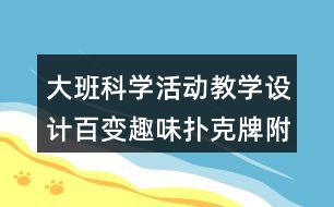 大班科學(xué)活動(dòng)教學(xué)設(shè)計(jì)百變?nèi)の稉淇伺疲ǜ椒此迹?></p>
<h3>1、大班科學(xué)活動(dòng)教學(xué)設(shè)計(jì)百變?nèi)の稉淇伺疲ǜ椒此迹?/h3><p> 活動(dòng)目標(biāo):</p><p> 1、能有創(chuàng)意地用拼、搭、插的方法設(shè)計(jì)出各種造型。</p><p> 2、在操作時(shí)體現(xiàn)耐心、合作、細(xì)致精神。</p><p> 3、能夠用簡(jiǎn)單的語言介紹自己的作品。</p><p> 4、發(fā)展合作探究與用符號(hào)記錄實(shí)驗(yàn)結(jié)果的能力。</p><p> 5、能大膽進(jìn)行實(shí)踐活動(dòng),并用完整的語言表達(dá)自己的意見。</p><p> 重難點(diǎn):能有創(chuàng)意地用拼、搭、插的方法設(shè)計(jì)出各種造型。</p><p> 活動(dòng)準(zhǔn)備:撲克牌每人一副、剪刀等。撲克牌造型圖片。</p><p> 活動(dòng)過程:</p><p> 第一課時(shí):</p><p> 一、了解撲克牌</p><p> 1、今天我們帶來了什么?(牌)他們是怎么樣的</p><p> 2、現(xiàn)在我們要來玩一玩牌,你會(huì)怎么玩?</p><p> 二、嘗試拼搭</p><p> 1、今天我們要換一種方法玩撲克牌,把撲克牌拼一拼、搭一搭做出許多有趣的造型(比如飛機(jī)、火車等等),你會(huì)嗎?我們一起試一試吧。</p><p> 2、交流嘗試的體驗(yàn):我拼了什么?我搭了什么?</p><p> 第二課時(shí)</p><p> 一、方法啟發(fā)</p><p> 1、教師展示撲克牌造型的圖片,上次我們一起玩了撲克牌,還拼搭出了許多有趣的圖案,今天老師也帶來了一些圖片,看看它像什么?它是怎么做出來的?</p><p> 2、教師演示操作的方法。</p><p> 3、請(qǐng)“高手”幼兒上來表演精彩的撲克拼搭技藝。</p><p> 二、幼兒創(chuàng)意</p><p> 1、嘗試?yán)蠋熖崾镜姆椒ɑ蛘哂酶嗟姆椒ㄆ创畛鰮淇伺圃煨汀?/p><p> 2、交流展</p><p> 3、小組合作再次操作。</p><p> 延伸:課后孩子們自由活動(dòng)的時(shí)間讓孩子們自主玩拼搭。</p><p> 活動(dòng)反思:</p><p> 本次活動(dòng)的題材來自于早期教育美術(shù)版中提到的一個(gè)操作創(chuàng)意“百變?nèi)の稉淇伺啤?,它用插接的方法把撲克牌拼接成許多有趣的造型,我覺得比較有趣。于是我便添加上了活動(dòng)目標(biāo),賦予活動(dòng)流程,把該操作活動(dòng)設(shè)計(jì)成一個(gè)藝術(shù)創(chuàng)意活動(dòng)。之后在與鄧?yán)蠋煹慕涣髦?,她告訴我他們班的孩子有很多都很會(huì)玩撲克牌,建議我去了解一下孩子的玩法,后來我發(fā)現(xiàn)孩子們還會(huì)用一種折疊的方法拼搭撲克牌,于是我把早期教育上提到的插接法和小朋友的折疊法都吸收到該活動(dòng)中,力求通過更多方法的啟發(fā)讓班內(nèi)的孩子們玩出更多的創(chuàng)意。于是我把活動(dòng)第一目標(biāo)定位能有創(chuàng)意地用拼、搭、插的方法設(shè)計(jì)出各種造型。在備課過程中,我發(fā)現(xiàn)一個(gè)作品的完成離不開耐心細(xì)致,一步一步的努力,這個(gè)活動(dòng)不僅要鍛煉孩子的創(chuàng)意更需要提升這種創(chuàng)意背后的精神即耐心、合作、細(xì)致、踏實(shí)……于是我把在操作時(shí)體現(xiàn)耐心、合作、細(xì)致精神作為第二目標(biāo)。接下來是我對(duì)本次執(zhí)教之后的一點(diǎn)反思:</p><p> 1、活動(dòng)內(nèi)容過于滿、多,把本次活動(dòng)定位兩課時(shí)較為合適。本次活動(dòng)的重點(diǎn)是在后面兩個(gè)環(huán)節(jié),第一、二部分如果作為課前準(zhǔn)備,或者干脆作為第一課時(shí)去完成,這樣后面兩個(gè)環(huán)節(jié)能更有效的去達(dá)到活動(dòng)制定的目標(biāo)。</p><p> 2、在細(xì)節(jié)處理上還必須花功夫。比如我在示范的時(shí)候,我發(fā)現(xiàn)讓孩子看著我做完一個(gè)作品比較費(fèi)時(shí),畢竟一個(gè)活動(dòng)更多的實(shí)踐留給孩子才是最重要的,所以聽課老師建議我在教育準(zhǔn)備的時(shí)候做完一個(gè)成品,這樣可以示范完基本步驟后,直接出示成品,既清楚又明了。</p><p> 3、用不同的方式拼搭出不同的撲克牌造型,玩的就是一種創(chuàng)意的精神,每次在教導(dǎo)孩子的時(shí)候,我自己也在不斷地自我學(xué)習(xí)、向孩子學(xué)習(xí)。我們說創(chuàng)意學(xué)不來,但是創(chuàng)意的精神是可以學(xué)習(xí)的,創(chuàng)意的能力是可以練習(xí)的,比如撲克牌這個(gè)東西,我相信還可以執(zhí)教一堂數(shù)學(xué)活動(dòng),比如10以內(nèi)加減、組成等,還可以設(shè)計(jì)成一個(gè)藝術(shù)活動(dòng),比如欣賞各式各樣的撲克牌造型,設(shè)計(jì)撲克牌造型等,甚至是音樂活動(dòng)用撲克牌打節(jié)奏……換一種方法,換一個(gè)角度,創(chuàng)意之花無處不在。</p><h3>2、大班教案《百變?nèi)の稉淇伺啤泛此?/h3><p><strong>活動(dòng)目標(biāo):</strong></p><p> 1、能有創(chuàng)意地用拼、搭、插的方法設(shè)計(jì)出各種造型。</p><p> 2、在操作時(shí)體現(xiàn)耐心、合作、細(xì)致精神。</p><p> 3、能夠用簡(jiǎn)單的語言介紹自己的作品。</p><p> 4、發(fā)展幼兒的觀察力、想象力。</p><p> 5、能大膽進(jìn)行實(shí)踐活動(dòng),并用完整的語言表達(dá)自己的意見。</p><p><strong>重難點(diǎn):</strong></p><p> 能有創(chuàng)意地用拼、搭、插的方法設(shè)計(jì)出各種造型。</p><p><strong>活動(dòng)準(zhǔn)備:</strong></p><p> 撲克牌每人一副、剪刀等。撲克牌造型圖片。</p><p><strong>活動(dòng)過程:</strong></p><p> 第一課時(shí):</p><p> 一、了解撲克牌</p><p> 1、今天我們帶來了什么?(牌)他們是怎么樣的</p><p> 2、現(xiàn)在我們要來玩一玩牌,你會(huì)怎么玩?</p><p> 二、嘗試拼搭</p><p> 1、今天我們要換一種方法玩撲克牌,把撲克牌拼一拼、搭一搭做出許多有趣的造型(比如飛機(jī)、火車等等),你會(huì)嗎?我們一起試一試吧。</p><p> 2、交流嘗試的體驗(yàn):我拼了什么?我搭了什么?</p><p> 第二課時(shí)</p><p> 一、方法啟發(fā)</p><p> 1、教師展示撲克牌造型的圖片,上次我們一起玩了撲克牌,還拼搭出了許多有趣的圖案,今天老師也帶來了一些圖片,看看它像什么?它是怎么做出來的?</p><p> 2、教師演示操作的方法。</p><p> 3、請(qǐng)“高手”幼兒上來表演精彩的撲克拼搭技藝。</p><p> 二、幼兒創(chuàng)意</p><p> 1、嘗試?yán)蠋熖崾镜姆椒ɑ蛘哂酶嗟姆椒ㄆ创畛鰮淇伺圃煨汀?/p><p> 2、交流展</p><p> 3、小組合作再次操作。</p><p> 延伸:課后孩子們自由活動(dòng)的時(shí)間讓孩子們自主玩拼搭。</p><p><strong>活動(dòng)反思:</strong></p><p> 本次活動(dòng)的題材來自于早期教育美術(shù)版中提到的一個(gè)操作創(chuàng)意“百變?nèi)の稉淇伺啤保貌褰拥姆椒ò褤淇伺破唇映稍S多有趣的造型,我覺得比較有趣。于是我便添加上了活動(dòng)目標(biāo),賦予活動(dòng)流程,把該操作活動(dòng)設(shè)計(jì)成一個(gè)藝術(shù)創(chuàng)意活動(dòng)。之后在與鄧?yán)蠋煹慕涣髦校嬖V我他們班的孩子有很多都很會(huì)玩撲克牌,建議我去了解一下孩子的玩法,后來我發(fā)現(xiàn)孩子們還會(huì)用一種折疊的方法拼搭撲克牌,于是我把早期教育上提到的插接法和小朋友的折疊法都吸收到該活動(dòng)中,力求通過更多方法的啟發(fā)讓班內(nèi)的孩子們玩出更多的創(chuàng)意。于是我把活動(dòng)第一目標(biāo)定位能有創(chuàng)意地用拼、搭、插的方法設(shè)計(jì)出各種造型。在備課過程中,我發(fā)現(xiàn)一個(gè)作品的完成離不開耐心細(xì)致,一步一步的努力,這個(gè)活動(dòng)不僅要鍛煉孩子的創(chuàng)意更需要提升這種創(chuàng)意背后的精神即耐心、合作、細(xì)致、踏實(shí)……于是我把在操作時(shí)體現(xiàn)耐心、合作、細(xì)致精神作為第二目標(biāo)。接下來是我對(duì)本次執(zhí)教之后的一點(diǎn)反思:</p><p> 1、活動(dòng)內(nèi)容過于滿、多,把本次活動(dòng)定位兩課時(shí)較為合適。本次活動(dòng)的重點(diǎn)是在后面兩個(gè)環(huán)節(jié),第一、二部分如果作為課前準(zhǔn)備,或者干脆作為第一課時(shí)去完成,這樣后面兩個(gè)環(huán)節(jié)能更有效的去達(dá)到活動(dòng)制定的目標(biāo)。</p><p> 2、在細(xì)節(jié)處理上還必須花功夫。比如我在示范的時(shí)候,我發(fā)現(xiàn)讓孩子看著我做完一個(gè)作品比較費(fèi)時(shí),畢竟一個(gè)活動(dòng)更多的實(shí)踐留給孩子才是最重要的,所以聽課老師建議我在教育準(zhǔn)備的時(shí)候做完一個(gè)成品,這樣可以示范完基本步驟后,直接出示成品,既清楚又明了。</p><p> 3、用不同的方式拼搭出不同的撲克牌造型,玩的就是一種創(chuàng)意的精神,每次在教導(dǎo)孩子的時(shí)候,我自己也在不斷地自我學(xué)習(xí)、向孩子學(xué)習(xí)。我們說創(chuàng)意學(xué)不來,但是創(chuàng)意的精神是可以學(xué)習(xí)的,創(chuàng)意的能力是可以練習(xí)的,比如撲克牌這個(gè)東西,我相信還可以執(zhí)教一堂數(shù)學(xué)活動(dòng),比如10以內(nèi)加減、組成等,還可以設(shè)計(jì)成一個(gè)藝術(shù)活動(dòng),比如欣賞各式各樣的撲克牌造型,設(shè)計(jì)撲克牌造型等,甚至是音樂活動(dòng)用撲克牌打節(jié)奏……換一種方法,換一個(gè)角度,創(chuàng)意之花無處不在。</p><h3>3、大班游戲玩法(9個(gè))含反思</h3><p><strong>幼兒園大班游戲教案:</strong></p><p> 天鵝</p><p><strong>游戲名稱:投彩球(大班)</strong></p><p> 目的:復(fù)習(xí)反義詞,豐富幼兒詞匯,發(fā)展幼兒的反應(yīng)能力。</p><p> 準(zhǔn)備;彩球1個(gè)玩法:拋球者說出一詞,如:大(黑、美麗、光滑)接球者必須說出對(duì)應(yīng)的反義詞,如小(白、丑陋、粗糙)。游戲反復(fù)進(jìn)行。</p><p><strong>游戲名稱:悄悄話(大班)</strong></p><p> 目的:激發(fā)幼兒積極參與活動(dòng)的興趣。</p><p> 玩法:按幼兒座次將其分成四組,教師悄悄地告訴每組排頭幼兒一句話,然后自排頭開始往下傳話,傳到最后一名幼兒時(shí),最后一名幼兒站起大聲說出聽到的話,以傳得又對(duì)又快的組為勝。</p><p><strong>游戲名稱:猜謎(大班)</strong></p><p> 目的:培養(yǎng)幼兒的思維能力、口語表達(dá)能力。</p><p> 玩法:教師說謎面請(qǐng)幼兒說出謎底。也可請(qǐng)一名幼兒說謎面,教師與其他幼兒進(jìn)行猜謎。</p><p><strong>游戲名稱:超級(jí)模仿秀(大班)</strong></p><p> 目的:培養(yǎng)幼兒模仿能力。</p><p> 玩法:請(qǐng)3-5名幼兒到前面,側(cè)向全體幼兒,站成一排,面向第二名幼兒編一動(dòng)作(如起床穿衣、照鏡子、梳頭等)然后第二名幼兒再向第三名幼兒模仿第一名幼兒所做的動(dòng)作,依次模仿,最后一名幼兒模仿完動(dòng)作后,說出做的是什么動(dòng)作。</p><p><strong>游戲名稱:一槍打四個(gè)(大班)</strong></p><p> 目的:練習(xí)手部動(dòng)作的靈活性,培養(yǎng)幼兒的快速反應(yīng)能力。</p><p> 玩法:教師說: